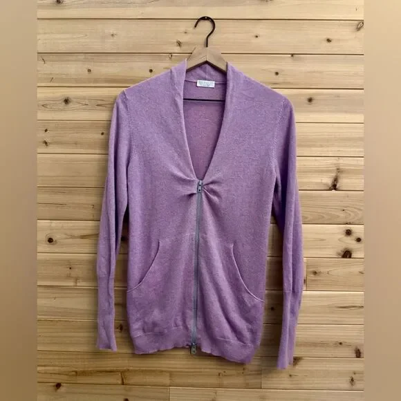 Brunello Cucinelli Size Medium Pink Purple Double Zipper Ruched Cashmere Sweater - Picture 1 of 14